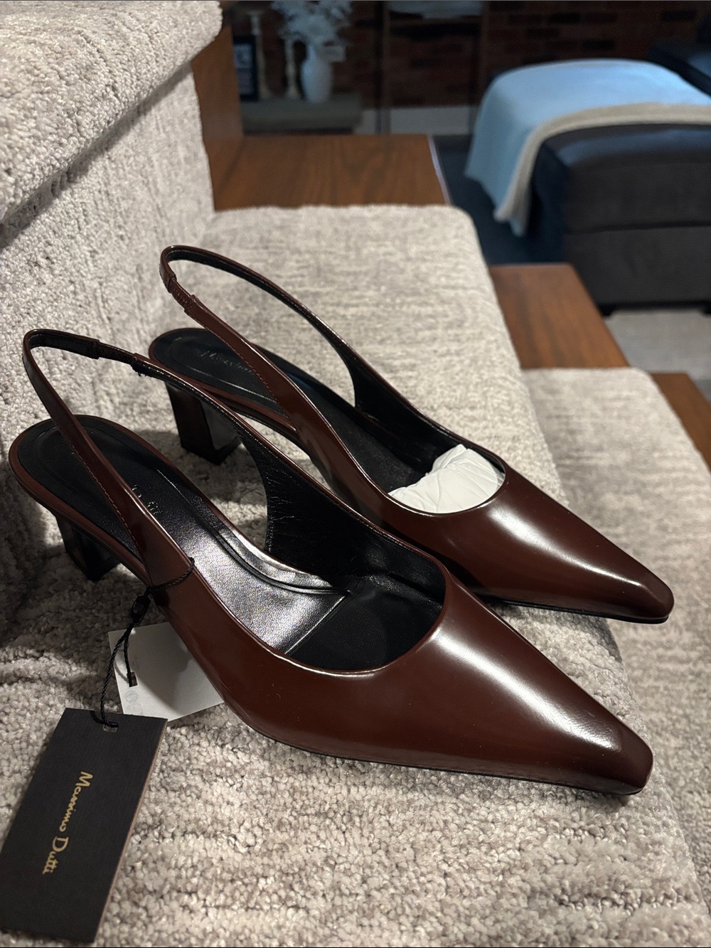 Massimo Dutti Dark Brown Pointed Leather Slingback Heels size 7.5